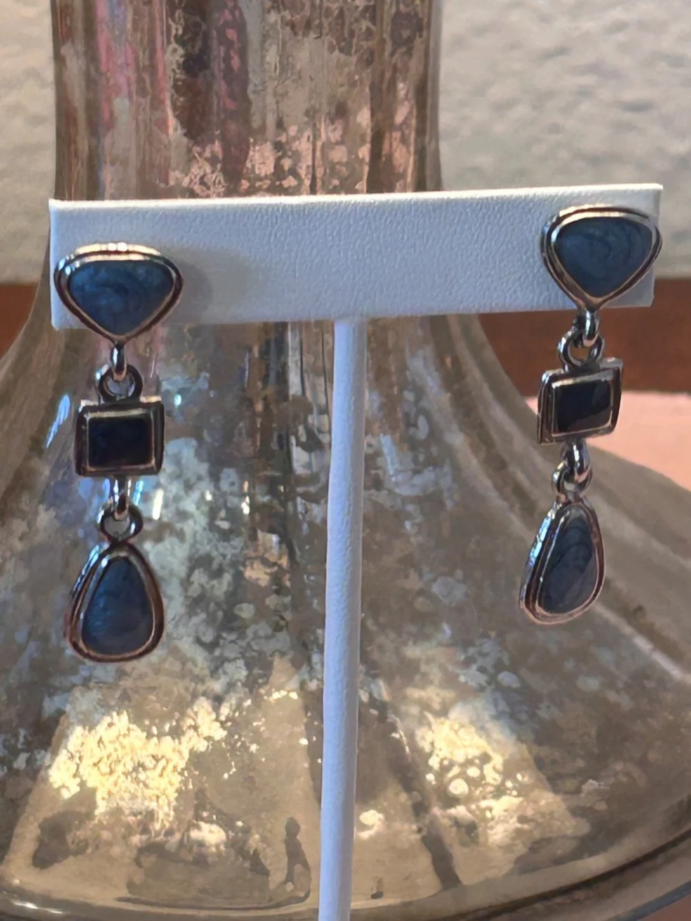 Delicate Blue and Gray Silver Tone Pierced Dangle Earrings